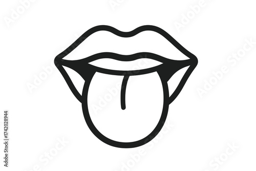 Mouth sticking tongue out vector icon. Licking, tasting food concept. Funny, cheeky or provocative expression symbol. Oral hygiene, taste sense and speech therapy pictogram.