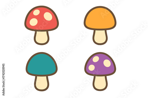 Colorful mushroom icon set. Cute cartoon fungi vector illustration. Flat graphic design elements for nature, forest themes. Simple toadstool symbols isolated on white.