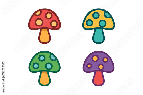 Colorful mushroom icon set isolated on white background. Cute cartoon toadstool collection. Vector illustration in flat design. Fungi, nature, forest, and autumn concept.