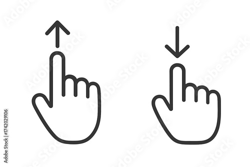 Swipe gesture icon collection. Up and down scrolling finger gesture symbols with arrows. Touchscreen hand pointer navigation. Mobile UI UX gesture guide. Minimal thin line vector illustration set.