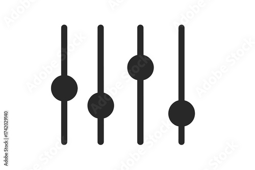 Audio mixer sliders icon, adjustment interface control, preference setting panel, vector illustration of sound equalizer, simple minimal black vertical sliders, transparent background, isolated