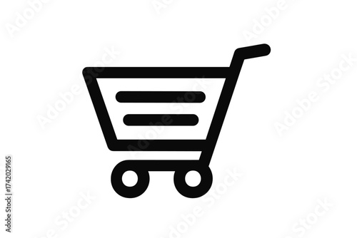 Black Shopping Cart Icon Vector Illustration, Minimalist Shopping Trolley Symbol for Online Store, E-Commerce Basket, Buy Products Concept, Isolated Silhouette, Retail Marketplace Graphic