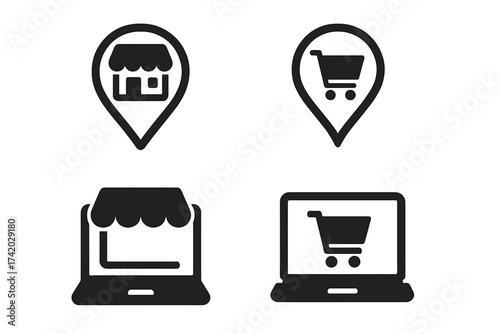 Online store and e-commerce icon set. Marketplace and webshop concept. Vector shop location pin, shopping cart, and laptop for online retail, local business, and marketing.