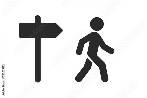 Minimalist signpost and walking man icon vector illustration. Pedestrian guidance, wayfinding direction, navigation symbol, walking route sign, right direction, clear black pictogram set.