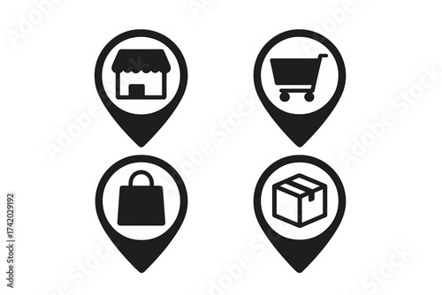 E-commerce location pin icon set. Vector collection for online store, marketplace, shop. Symbols of cart, bag, package for delivery, logistics, web, mobile app, buy local.