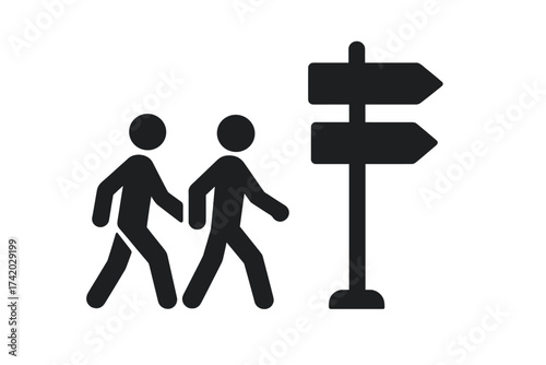 People Walking Towards Direction Signpost, Silhouette Vector Illustration, Tourist Navigation Symbol, Wayfinding, Path Choice, Crossroads Decision, Journey Guidance Concept, Transparent Background