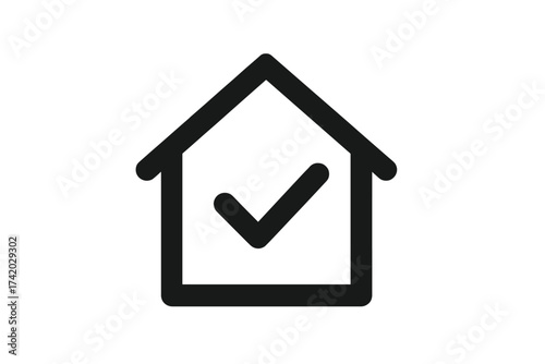 House with Check Mark Icon for Stay Home Safety Compliance, Self Quarantine, Approved Secure Home, Safe Living, Minimalist Vector Symbol Isolated on White Background
