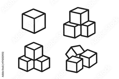 Sugar cubes vector icon set isolated on white. Geometric cube collection in various arrangements. Minimalist sugar block icons. Black outline drawing. Transparent background. Clipart bundle.