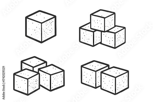 Hand Drawn Sugar Cubes Vector Set. Realistic Sugar Cube Icon Collection. Isometric White Sweetener Cubes, Textured Grainy Design. Grouped Candy Cubes for Cafe, Coffee, Tea, Beverage Illustration
