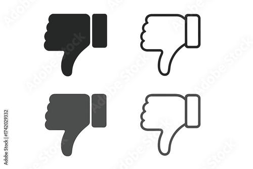 Thumbs Down Icon Set Vector Illustration, Dislike Symbol Collection, Negative Feedback Hand Gesture, Social Media Interface Element, Outline and Solid Style, Transparent Background, Ordered Pack
