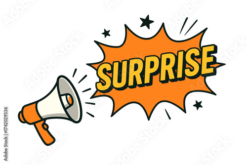Megaphone Announcing Surprise Burst. Pop Art Speech Bubble with Surprise Text. Loudspeaker Announcement. Comic Style Advertising Banner. Marketing Promotion Vector Illustration. Excited Expression.