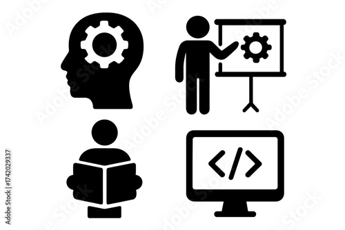 Personal development and training icons set, silhouette symbols of developer skills, education, programming, coding, learning, knowledge, mental process, and software development.