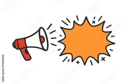 Megaphone announcement blast with empty speech bubble. Loudspeaker vector illustration for advertising, marketing, communication, promotion, attention, sale event and alert concept. Isolated on white.