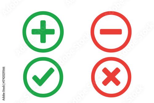 Pros and cons icon set for evaluation. Plus and minus symbols for comparison. Check mark and cross signs. Advantage and disadvantage, positive and negative, right and wrong.