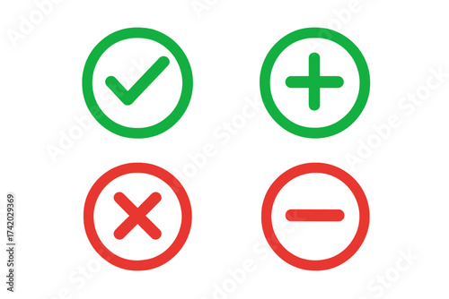 Pros and cons icon set. Plus, minus, check mark and cross symbols. Green and red buttons for positive, negative, approval or rejection. Vector concept for advantage or disadvantage.