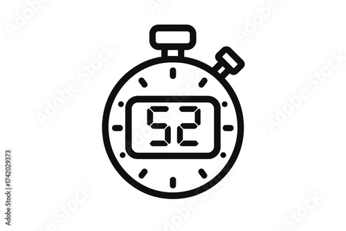 Digital stopwatch icon with 52 seconds display, modern timer and clock vector illustration, bold outline design, precise countdown symbol for sports, competition, time tracking, transparent background