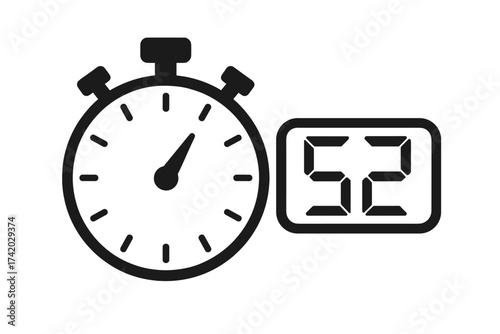 Stopwatch Timer Icon with 52 Seconds, Digital and Analog Time Display, Minimalist Vector Illustration, Black Silhouette, Countdown Concept, Sports, Race, Fitness, Time Management Symbol