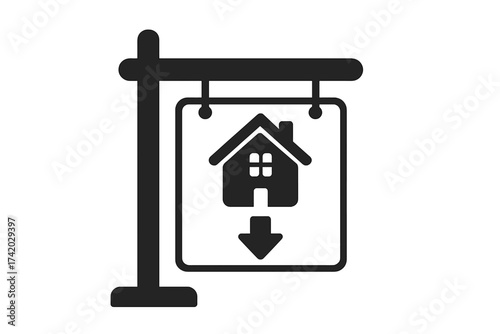 Real estate vector icon. House for sale or rent sign. Property price reduction concept. Home buying, moving in, mortgage, and housing market symbol with down arrow.