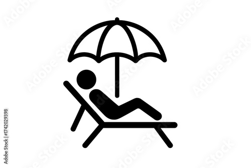 Relaxation icon. Person relaxing on beach chair under umbrella. Summer vacation, holiday symbol. Sunbathing, lounge, leisure, rest pictogram. Vector graphic for travel, tourism.