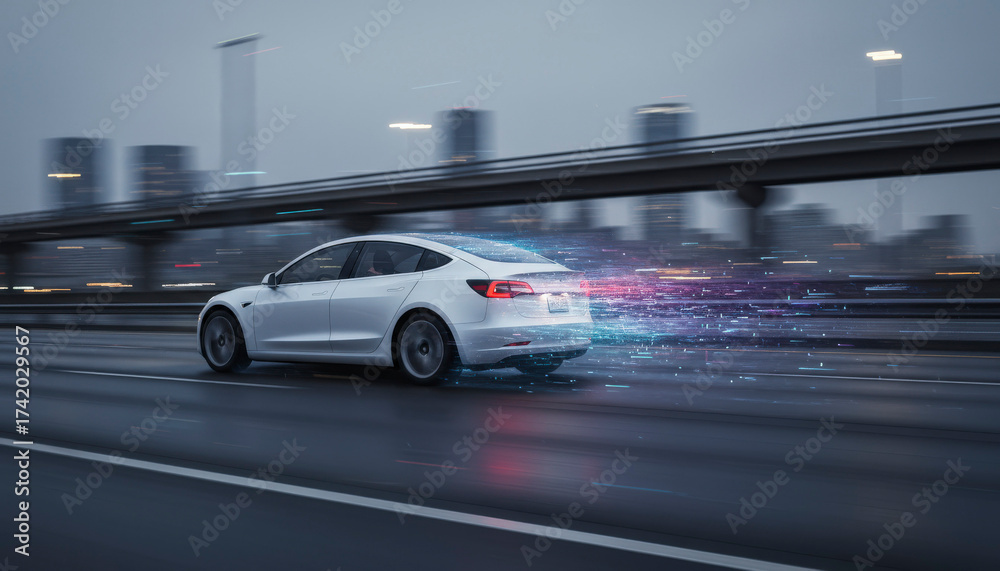 Fototapeta premium White electric car driving on a wet road by the lake at night, with city lights reflecting in the distance. Cinematic automotive photography capturing the elegance of modern electric mobility, technol