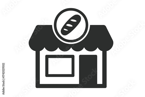 Bakery shop icon with French baguette symbol, storefront silhouette, bread store, minimal linear vector, bakery building, pastry market, food shop, commercial baking concept illustration