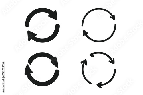 Set of circle arrows rotating icons. Refresh, reload, recycle, loop, and rotation signs. Vector illustration of circular update and synchronization symbols. Process concept.