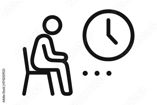 Minimalist waiting person icon sitting on chair, time delay concept with clock and dots, simple black line illustration, vector isolated on transparent background, punctuality, patience symbol