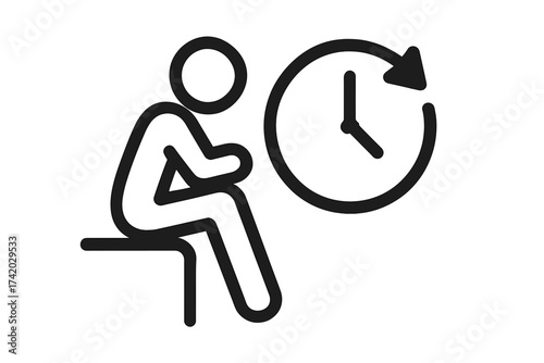 Waiting Person Icon, Time Delay Symbol with Sitting Figure on Bench, Clock Arrow, Concept for Deadline, Appointment, Patience, Queue, Vector Illustration Isolated, Monochrome Minimal Design