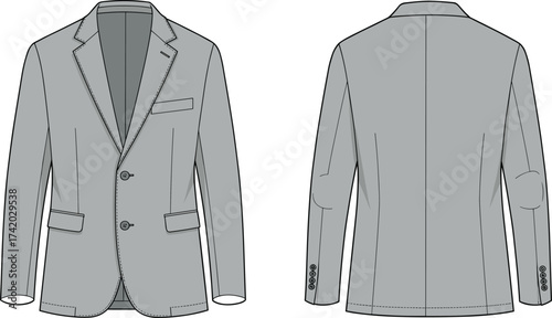 Men blazer technical flat sketch, notched lapel, two button closure, welt chest pocket, flap waist pockets, front and back view, vector fashion CAD illustration