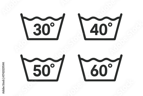 Washing temperature symbols, 30, 40, 50, 60 degrees. Set of laundry care label icons. Machine wash instruction for clothes. Textile care properties. Vector pictogram illustration.