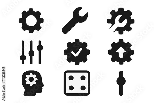 Settings and configuration icon set. Gear, wrench, and slider for system adjustment. UI, UX elements for app and web design. Control panel, setup, and tools concept vector.