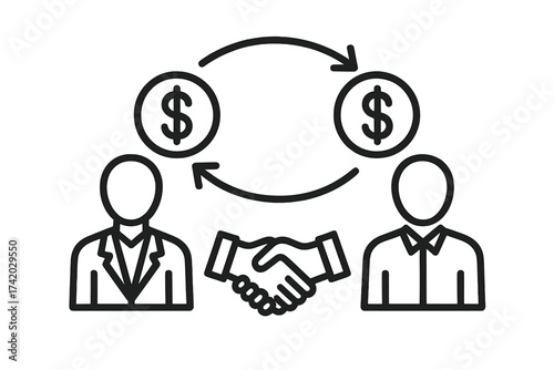 Business partnership agreement, handshake, win-win situation, financial exchange benefit, money transaction, deal negotiation, collaboration, team success, strategy, profit synergy vector illustration