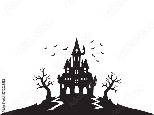 Black silhouette haunted castle with bats and dead trees