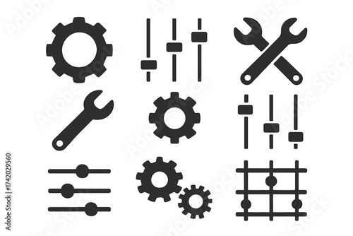 Settings and adjustment vector icons set. Control panel elements for UI design. Gear, cog, wrench and slider symbols. Configuration, options, and preferences glyphs.