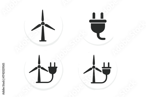 Wind energy electricity vector icon set. Wind turbine and electric plug symbols. Renewable energy source connection. Eco friendly power generation. Sustainable technology. Clean green energy concept.
