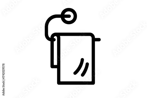 Minimalist wiping towel hanging on circular holder icon, hand towel bathroom accessory, simple line vector illustration, modern black outline symbol, hygiene, clean towel on rack