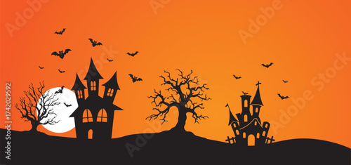 Halloween scene with multiple haunted castles and dead trees