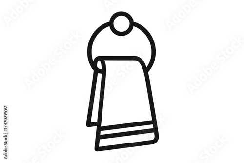 Hanging towel icon minimalist line art. Bathroom towel holder vector illustration. Wiping hand towel clipart. Modern black outline element for hygiene, washroom, spa decor, cleaning, hotel amenities.