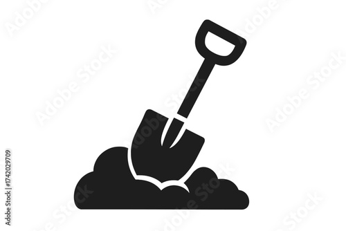 Shovel in soil vector icon. Digging in the ground concept for construction, gardening, or excavation work. Spade tool silhouette for building, farming, and landscaping design.