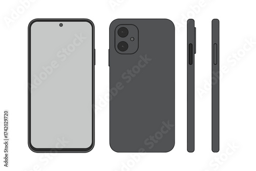 Realistic smartphone vector illustration set with flat cartoon design, front, back, and side views, transparent background, modern mobile phone technology, communication device concept