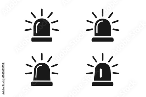Siren light emergency flasher icon set. Vector alarm symbol collection. Police or ambulance attention signal. Danger warning beacon pictogram for web and mobile apps.