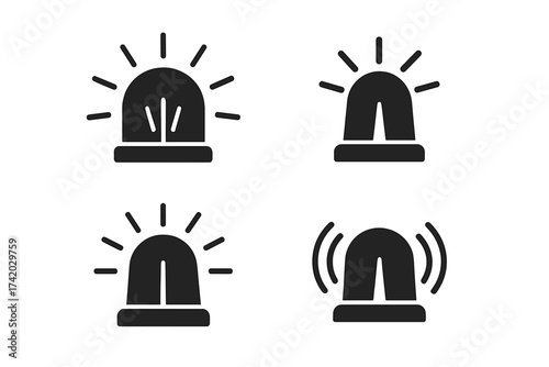 Siren light icon set for emergency alerts. Vector symbols for police, fire department, and ambulance vehicles. Flashing beacon and alarm flasher for urgent danger situations.