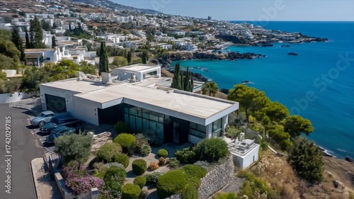 Modern coastal architecture with ocean view on sunny day aerial perspective
