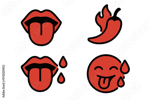 Vector icon set for spicy hot taste. Includes mouth with tongue out, sweat drops, flaming chili pepper, and sweating emoji face. Symbol for food heat level and reaction.