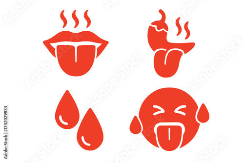 Spicy food icon set with hot taste reaction. Mouth and tongue out with steam and sweat drops. Chili pepper heat level symbol. Vector illustration of emoji feeling the burn.