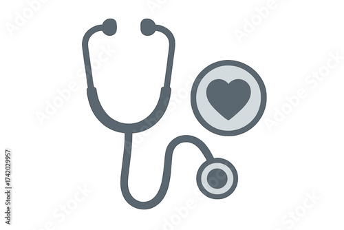 Stethoscope with heart icon button sign. Cardiology, diagnostic and medical equipment concept. Healthcare, medicine, health checkup, heartbeat, pulse vector illustration.