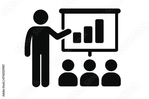 Business presentation icon with presenter and audience. Training, meeting or seminar concept. Man shows a growth chart on a board. Financial report, data analysis vector.