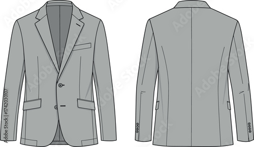 Men blazer jacket technical flat sketch, notched lapel, two button closure, welt chest pocket, flap waist pockets, vector fashion CAD illustration