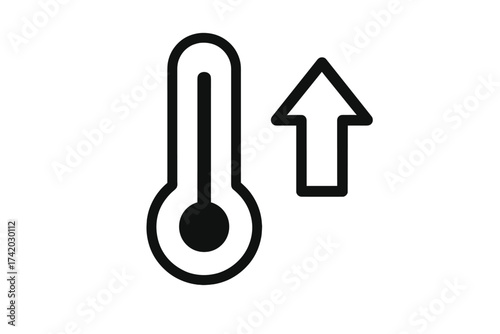 Thermometer with arrow up icon. High temperature symbol. Hot weather or fever sign. Climate change and global warming concept. Meteorology measurement. Vector illustration isolated.