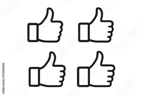 Thumb up icon set. Like button symbol for social media. Hand gesture for approval, satisfaction, and positive feedback. Vector illustration of OK and good signs for UI design.